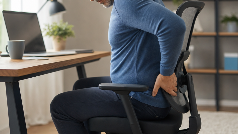 Adult adjusting lumbar support during a break from sitting