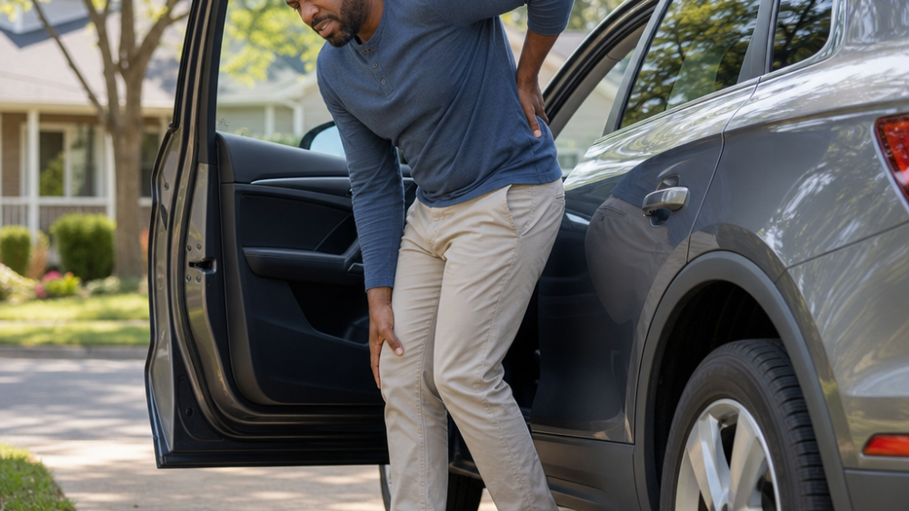 Adult experiencing lower back and leg pain after driving